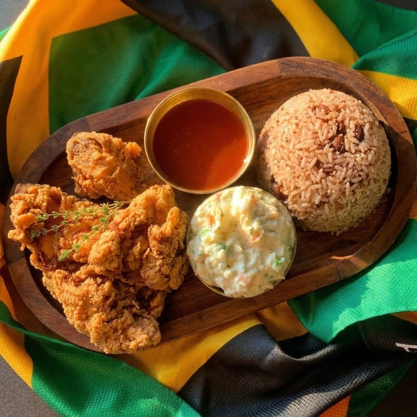 Crispy fried chicken, rice and peas, coleslaw, and sauce on a wooden tray with a Jamaican flag.